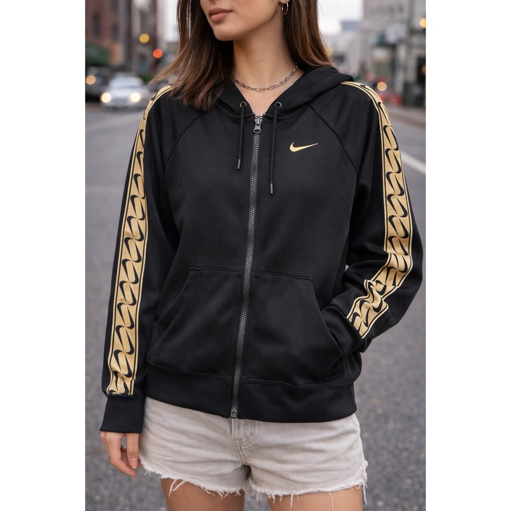 Nike Hoodie Womens Small Black Gold Swoosh Zip Up Streetwear Boxy